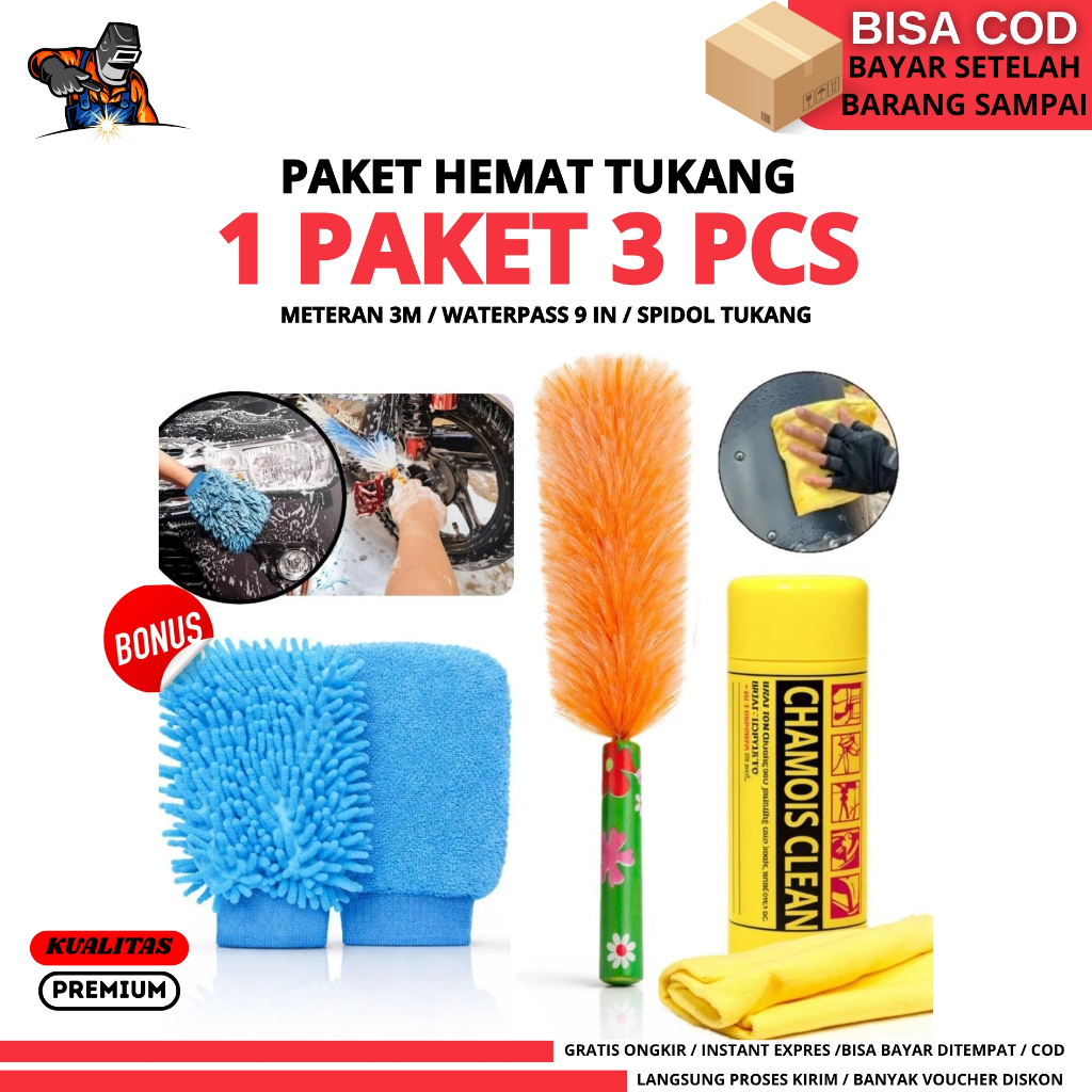 Paket 3 pcs Cuci Detailing Sarung Tangan Cendol Microfiber+Wheel Brush Fleksibel+Lap Kanebo Jumbo 43