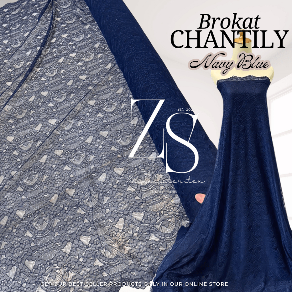 1/2 Meter Bahan Kain Kebaya Brokat Chantily Lace Semi France Meteran Warna Biru Navy Blue Halus Lemb