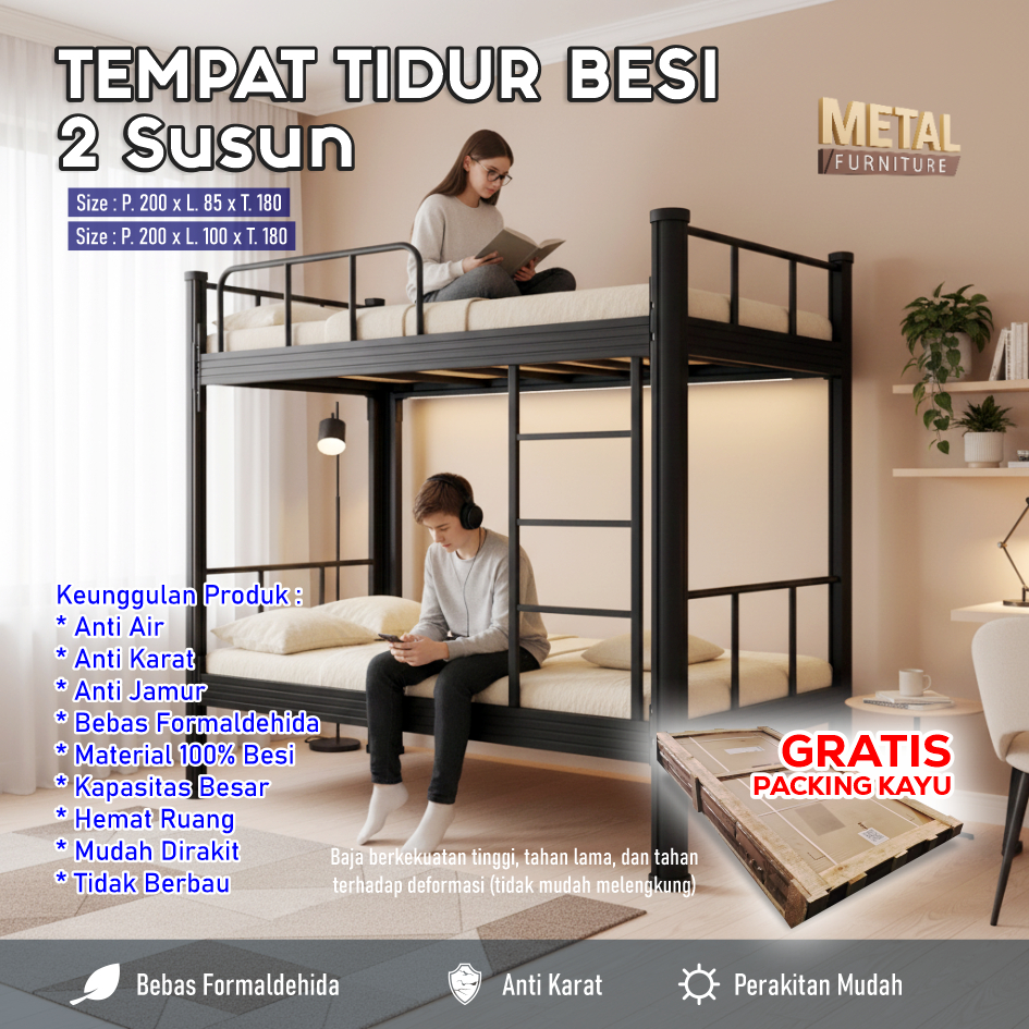 Ranjang Susun Besi Kokoh - Dipan Kasur 2 Tingkat Minimalis Untuk Kamar Anak Kost - METAL FURNITURE