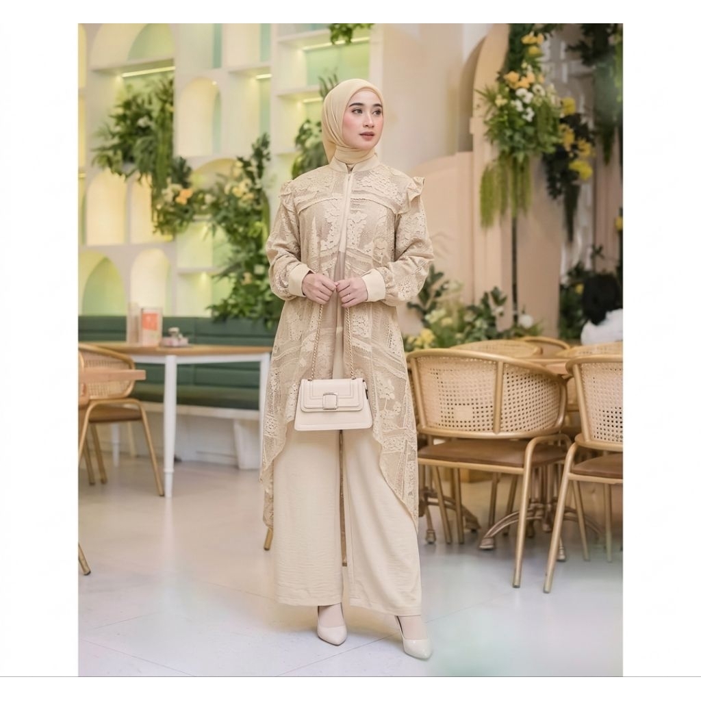 Setelan Wanita Atasan Tunic Brukat, Celana Kulot Polos, Outfit Kondangan Kekinian