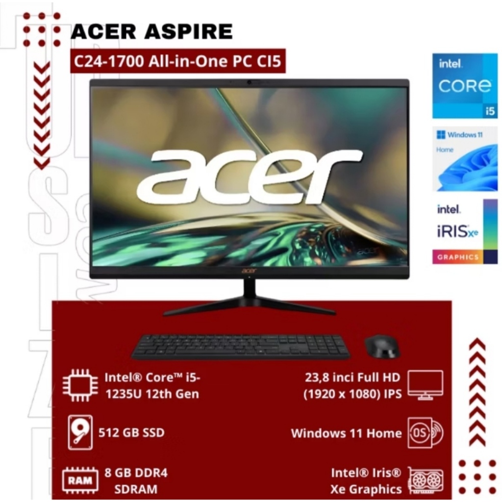 PC AIO MURAH ACER ASPIRE C24-1700 Intel Core i5-1235U RAM 8GB SSD 512GB Windows 11 ALL IN ONE PC SEC