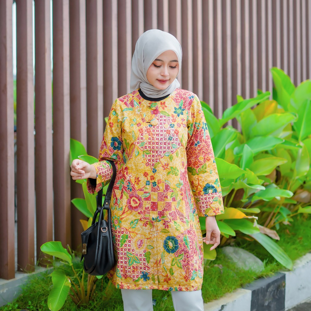 Batik trikot Tunik Batik Wanita Lapis Furing Trikot Motif Arimbi Model Lengan Panjang Busui Frendly
