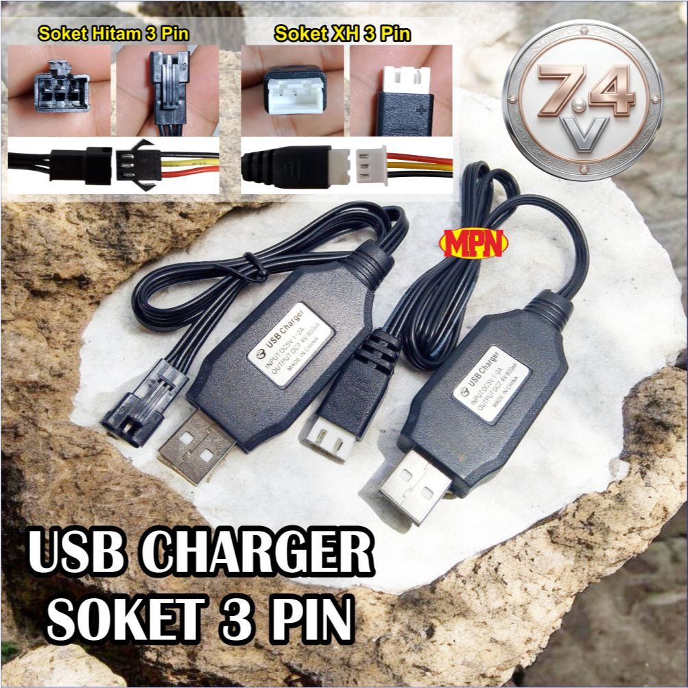 USB Charger 7.4V MAINAN RC , USB CHARGER BATRE DRONE CHARGER RC  SOKET HITAM 3 PIN & SOKET XH 3 pin