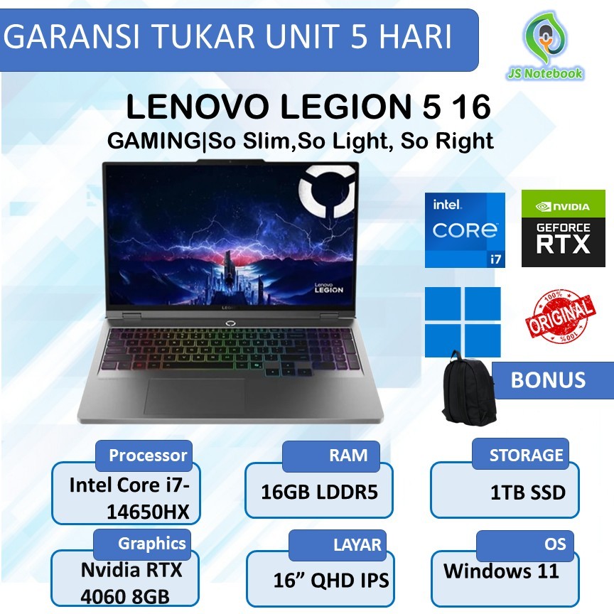 LENOVO LEGION 5 16 I7 14650HX RTX4060 8GB/ 16B 512GB W11 16.0QHD IPS