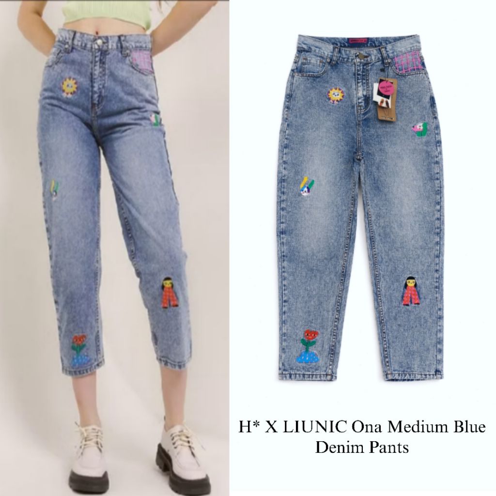 H* X LIUNIC Ona Medium Blue Embroidery Denim Pants/Celana Denim Original Breanded/Celana Terbaru