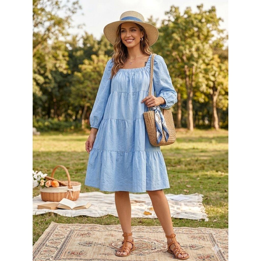 NEW with Tag! H&M Denim Tiered Smock Dress - Baby Blue (Kawaii Style) Jepang Original Jumbo Oversize