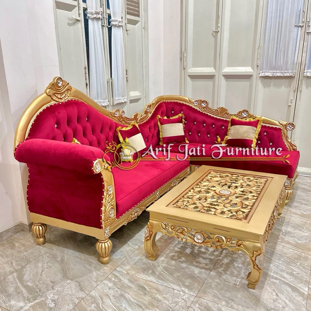 Sofa Tamu Sudut Kayu Jati Ukir Mawar Emas Mewah | Sofa Tamu L | Kursi Tamu Sudut Kayu Jati | Furnitu