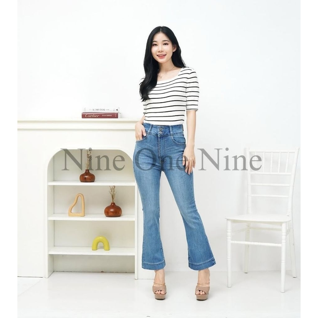 Celana Cutbray Jeans Wanita 7/9 Kancing 1 Light Green Softjeans Stretch Nine One Nine Jeans