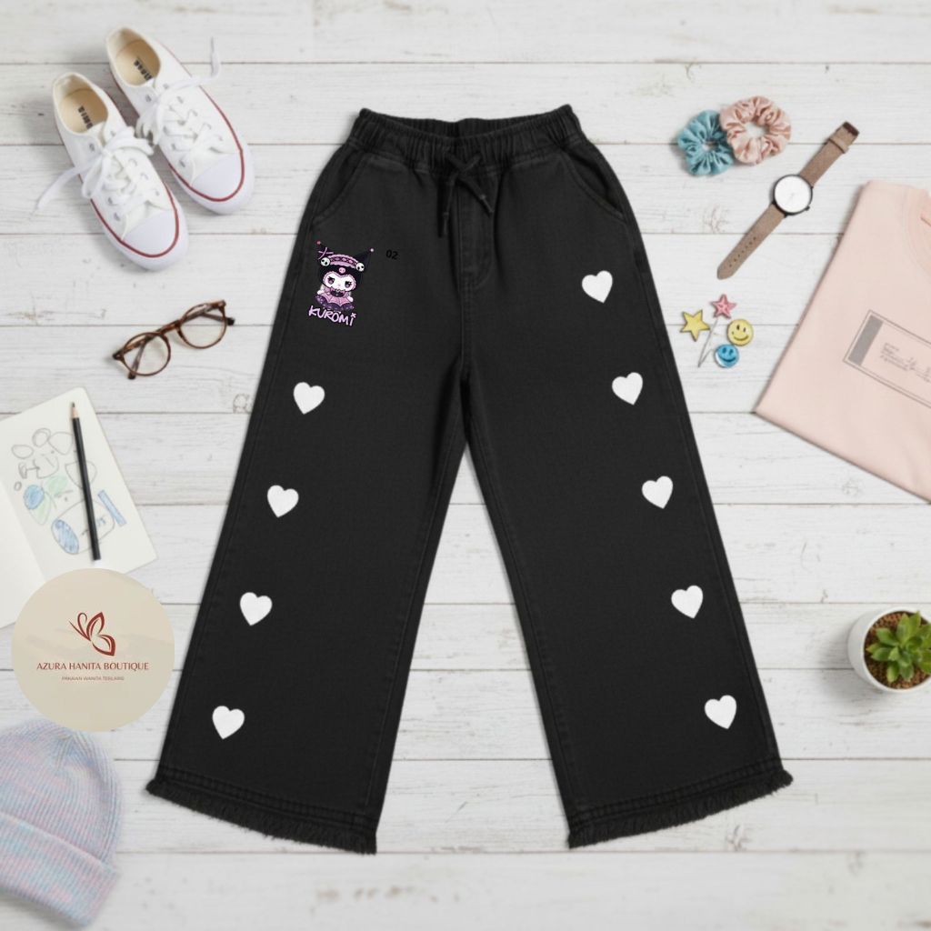 Produk Terbaru  Kulot Anak Sablon Labubu & Kuromi Remaja Motif Love dengan Bahan semi Jeans Lembut d