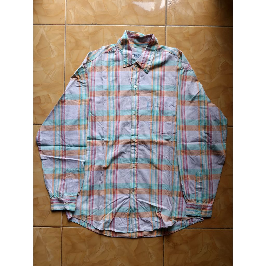 Kemeja Katun Flanel Merek Edwin Warna Merah Muda Orange Hijau Garis Merah Size XL Lengan Panjang