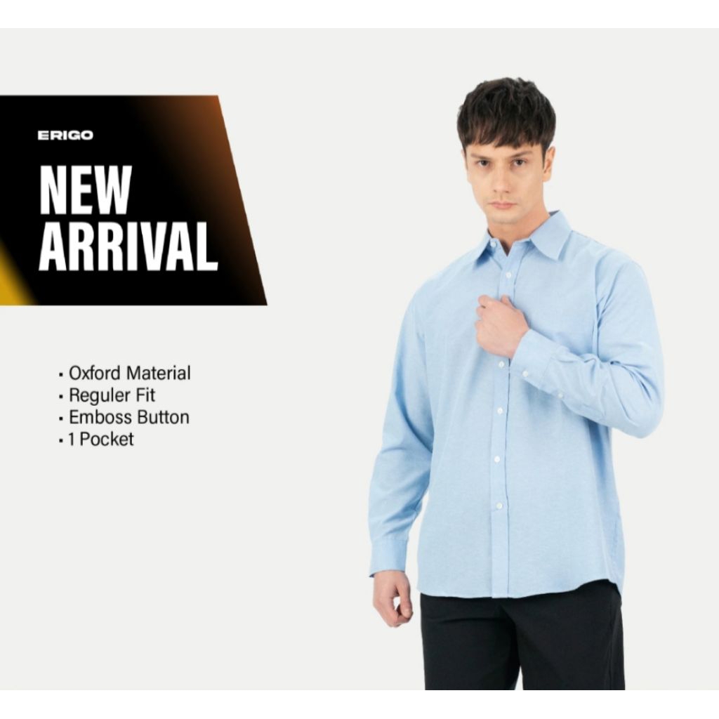 Erigo Basic Long Sleeve Shirt Light Blue Kemeja Kasual Pria Oversized Jumbo Bahan Katun Oxford Lenga