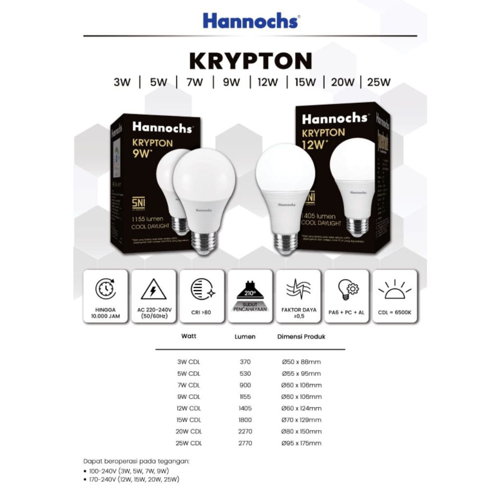 Lampu Bohlam Hannochs LED A Bulb Krypton Cahaya Putih