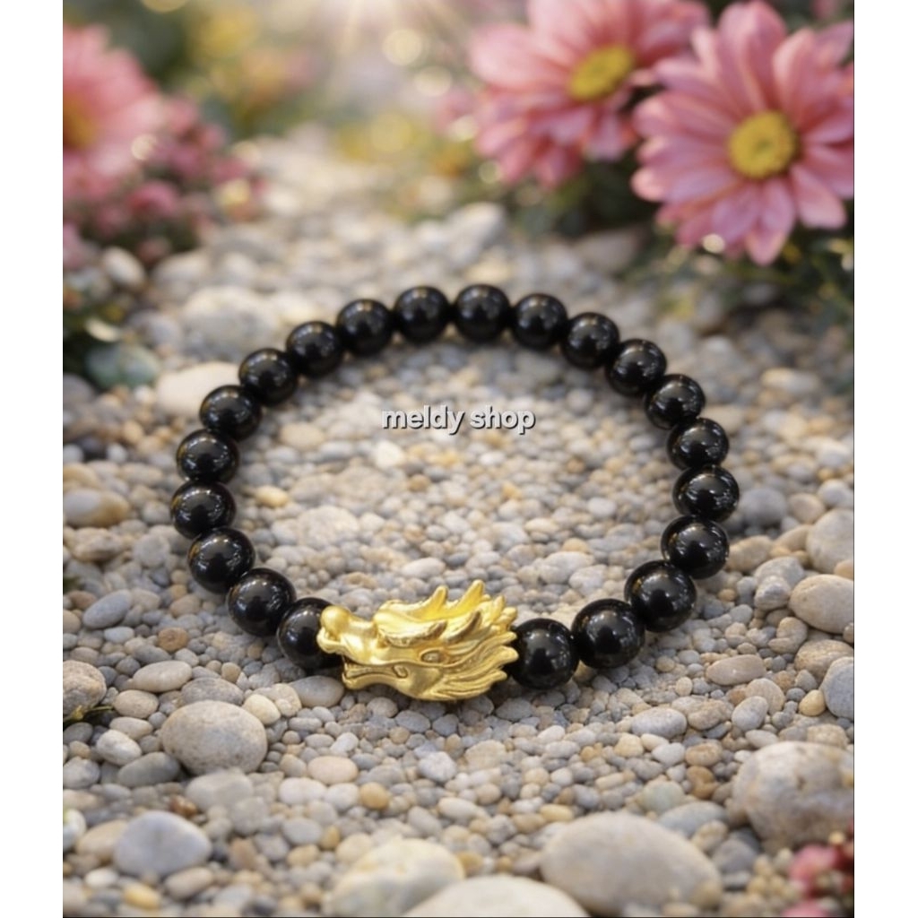 Emas charm kepala PIXIU NAGA GOLD 24k 999 dengan gelang batu agate pria wanita