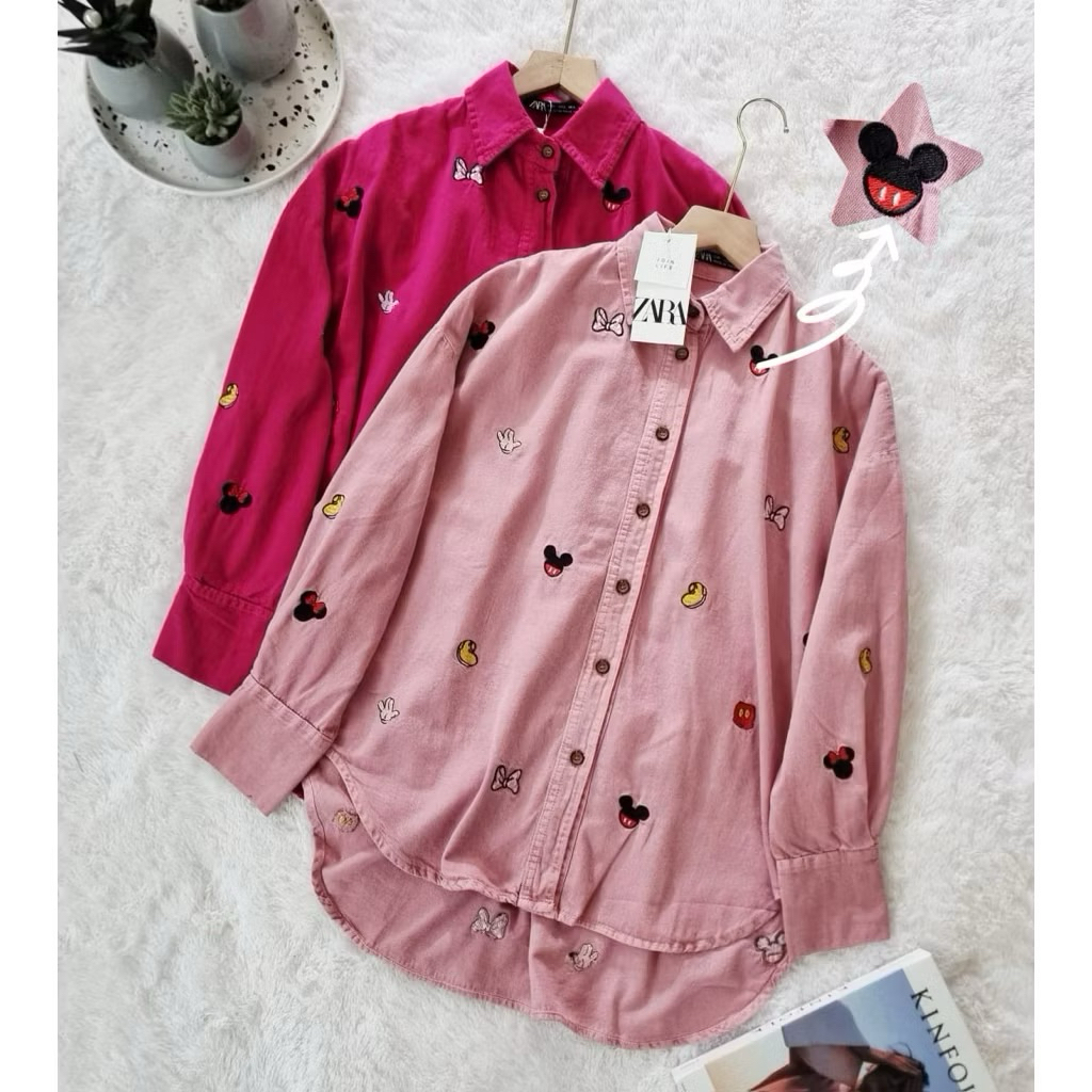 Kemeja Wanita Motif Karakter Disney Full Bordir Cantik Mewah Lucu Bahan Soft Jeans Lembut Best Selle