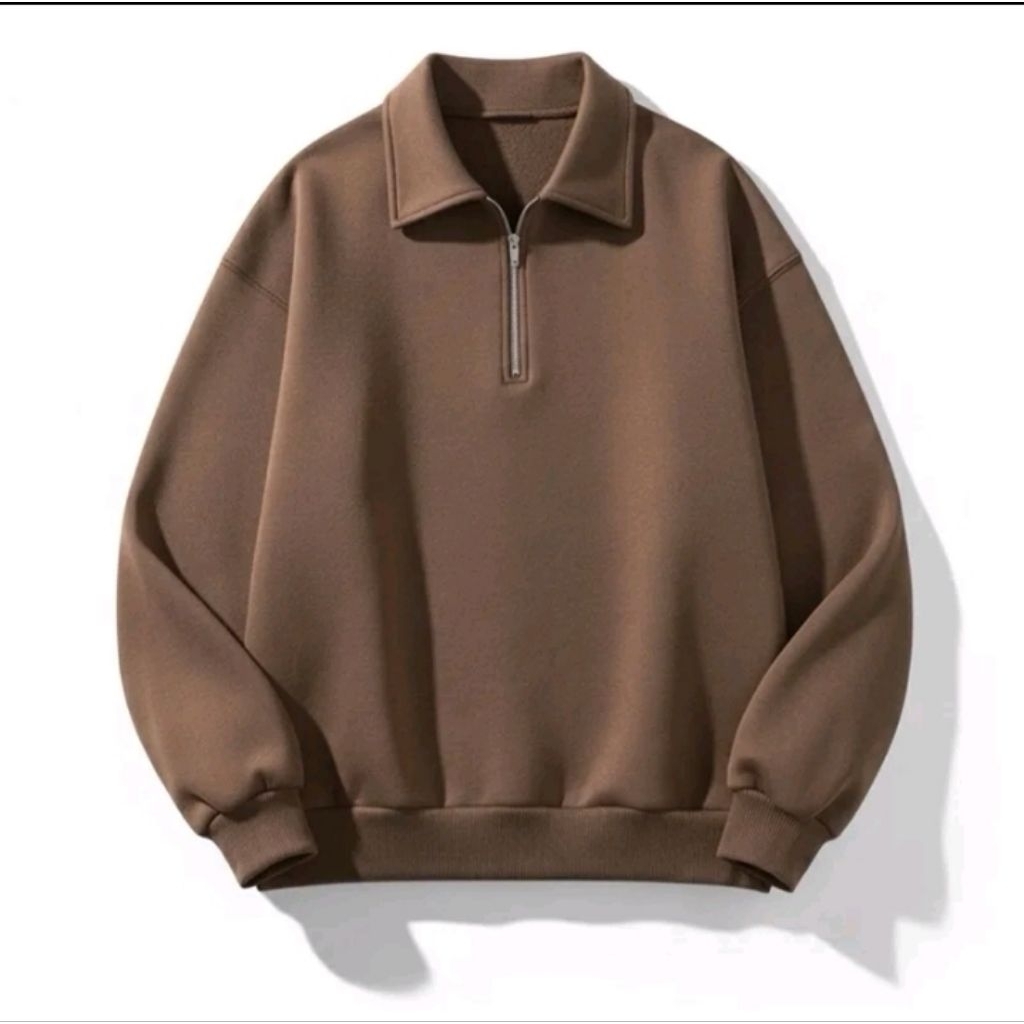 Sweater Crewneck Half Zipper rugby Coklat all size