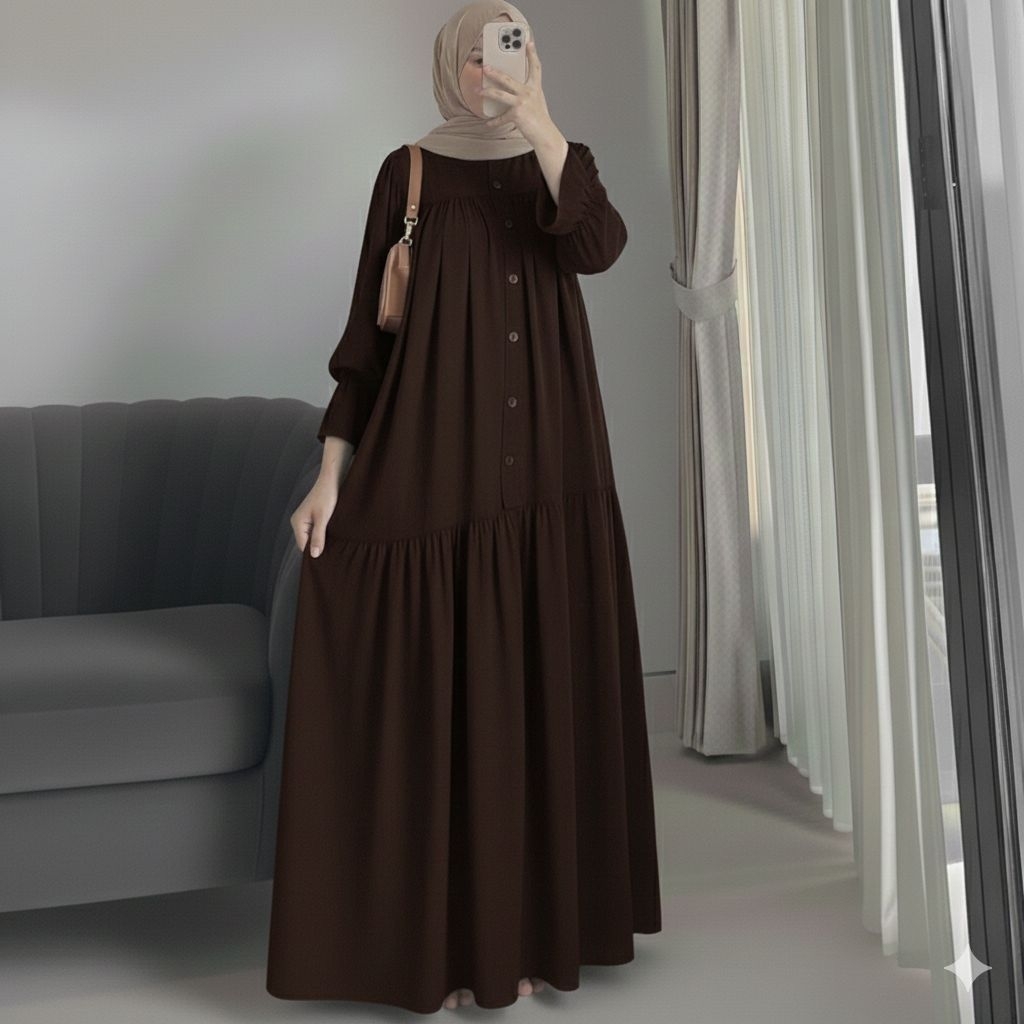 Gamis Amanda Rayon Twill Gamis Lengan Balon Gamis Kancing Busui Polos Premium Quality