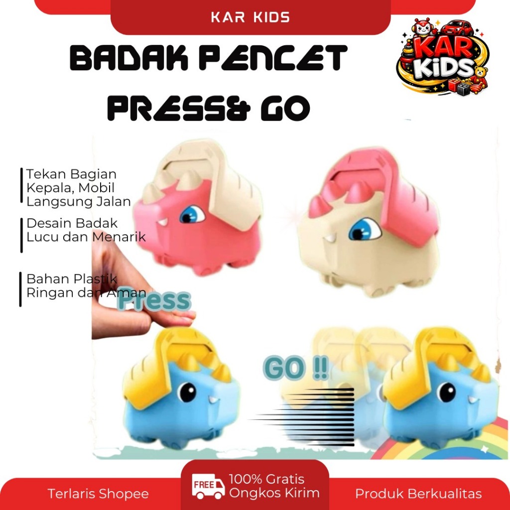 Mainan Badak Press and Go | Mobil Rhino Anak | Mainan Dorong Jalan Tanpa Baterai