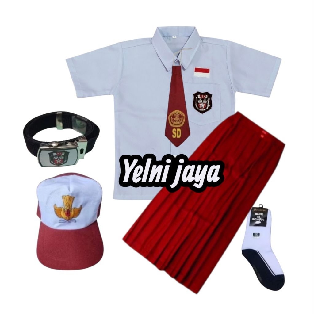 setelan seragam SD merah putih cewek baju lengan pendek rok panjang