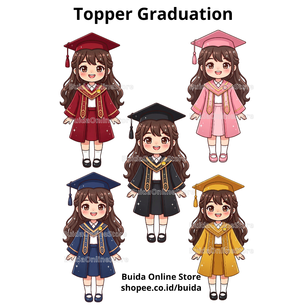 Topper Gambar Karakter Kartun Perempuan Cantik Wisuda Graduation Toga Pink Hitam Kuning Merah Marun 