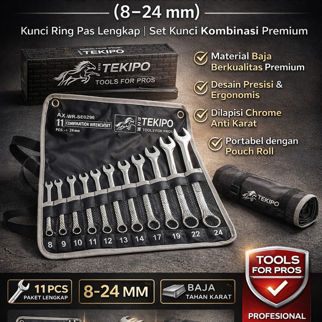 Kunci Ring Pas Set Tekipo By Tekiro 11Pcs Ukuran 8 - 24 Pcs / Kunci Pas Set 8 - 24 Mm 11 Pcs - Kunci