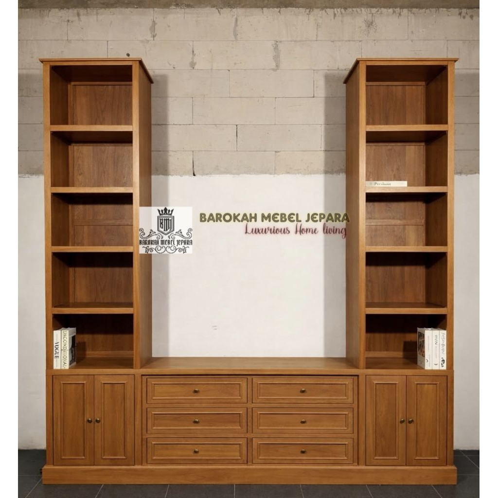 meja tv jati plus lemari kabinet , backdrop tv minimalis