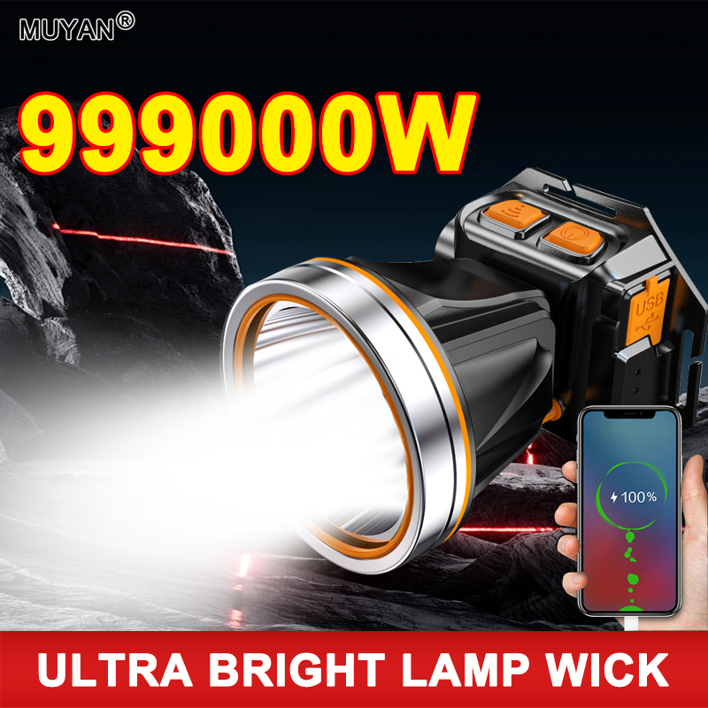 Senter Kepala 999000W Lampu Intensitas Tinggi Sensor Tangan Cas HP Layar LED USB