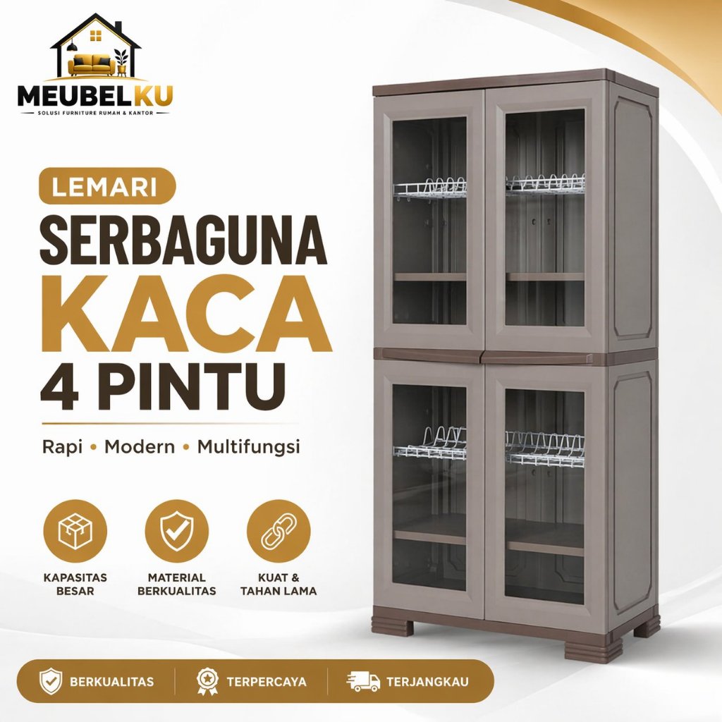 Lemari Piring Anti Rayap 4 Pintu | Rak Piring Kaca Serbaguna | Lemari Dapur Minimalis Modern