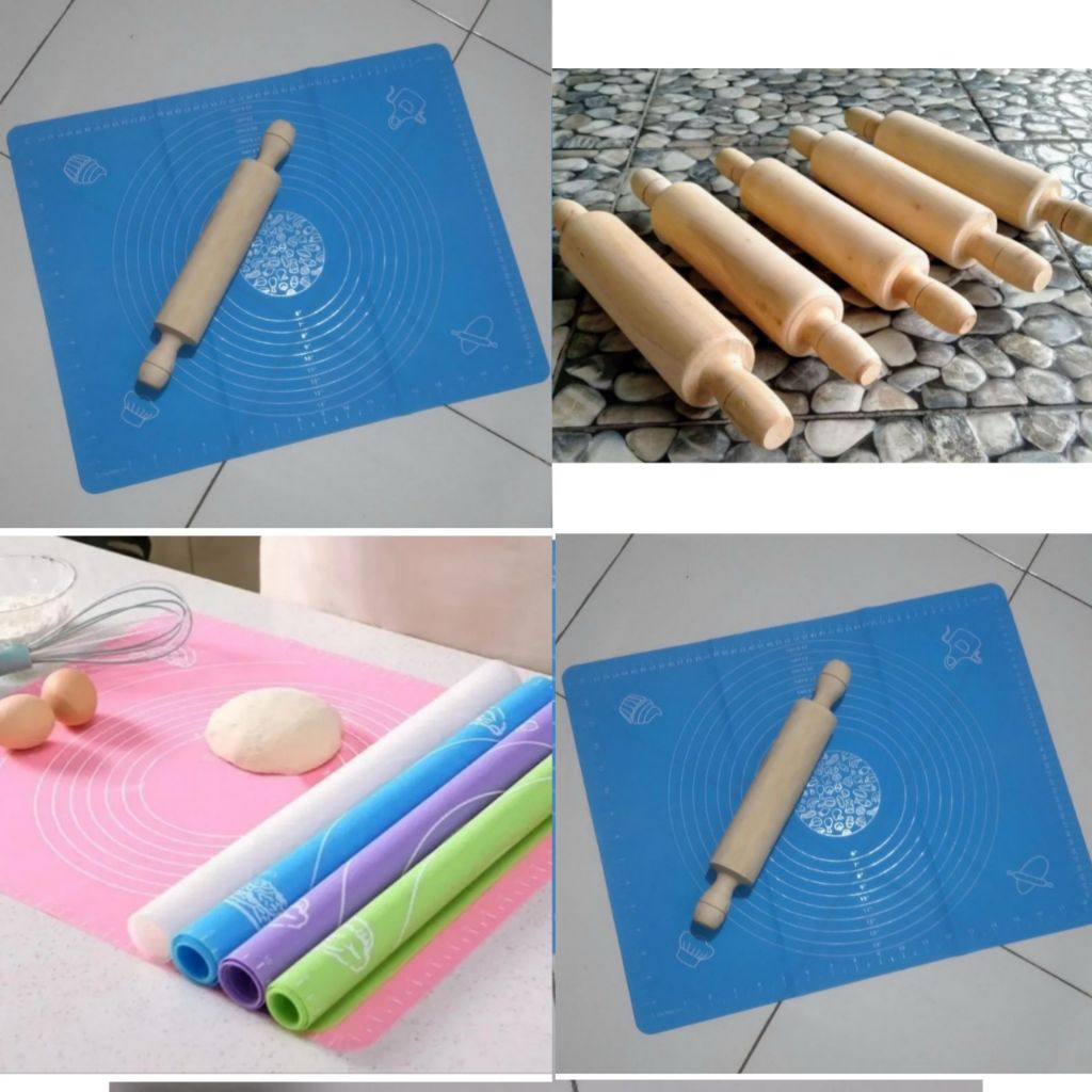 1 Set Silmat Alas Adonan Silikon dan Rollpin kayu // 1set alas adonan silikon dan rolpin kayu