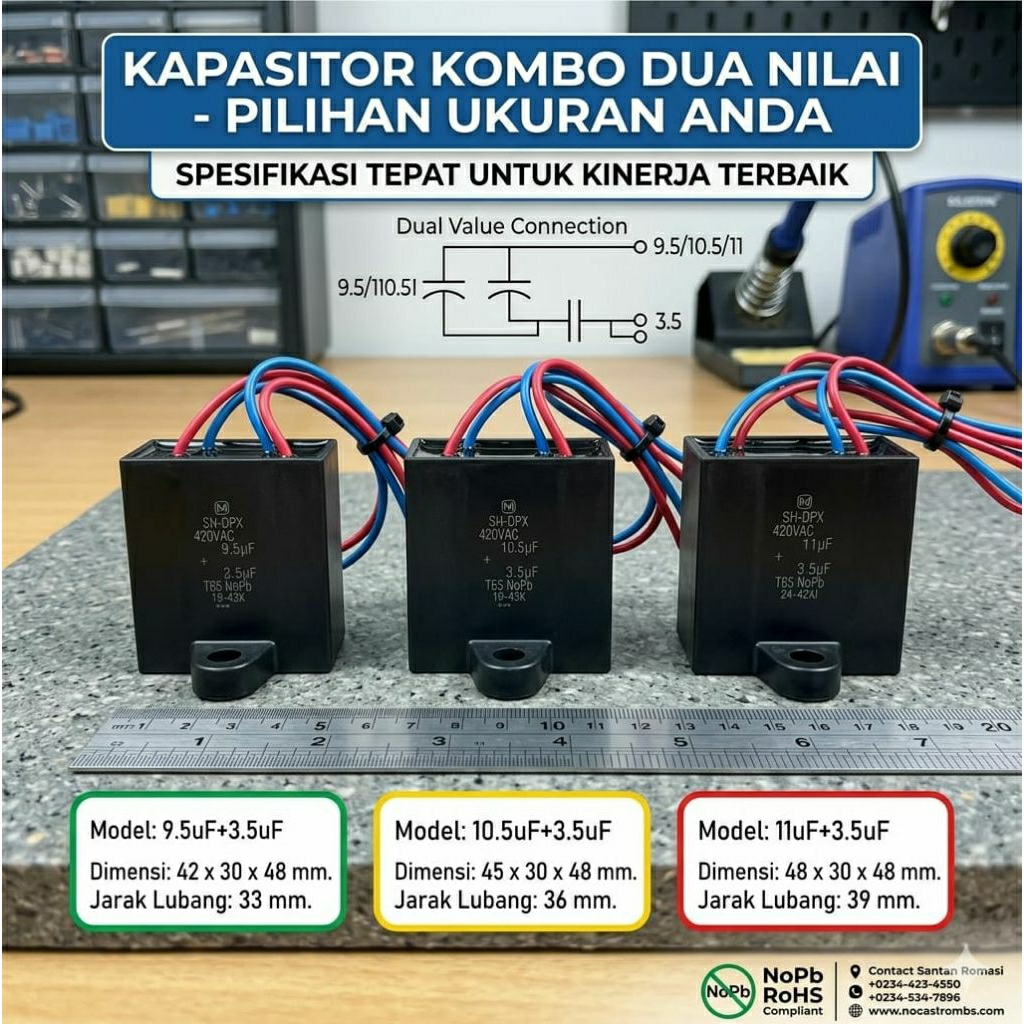 Capacitor Mesin cuci panasonic 2 Tabung 9.5uf+3.5uf, 10.5uf+3.5uf, 11uf+3.5uf Original