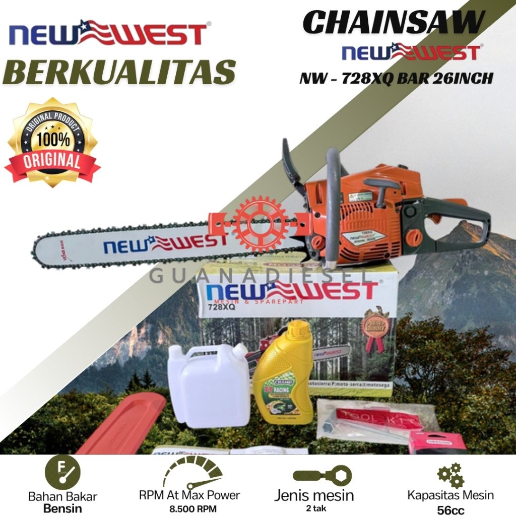 Chainsaw Gergaji Mesin NewWest 728XQ Bar 26 inch komplit Mesin + Bar + Rantai + ToolKit New West Ori