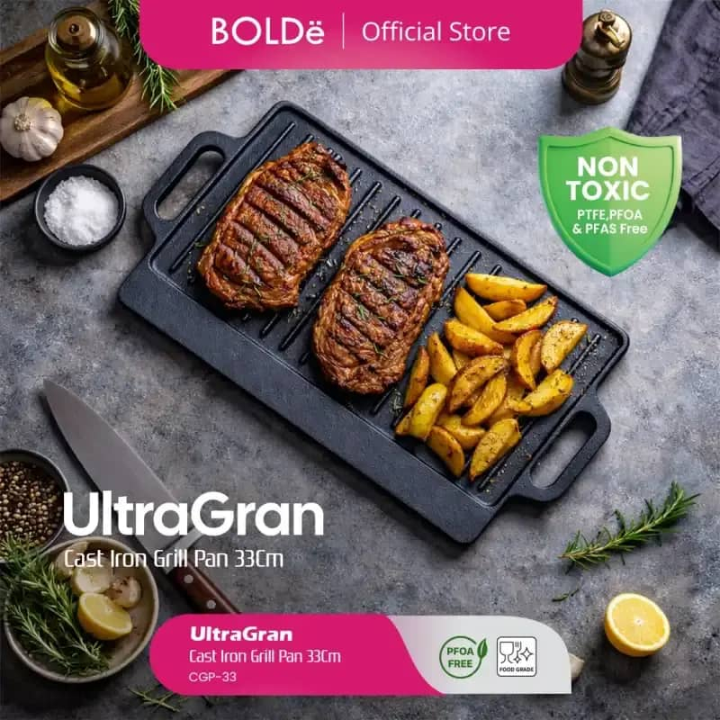 BOLDe UltraGran Cast Iron Grill Pan 33cm / Wajan Pemanggang Steak / Panggangan BBQ Kotak / Griddle P