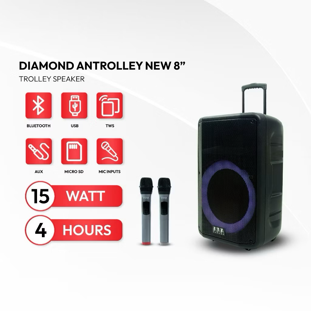 Tanaka Diamond Antrolley NEW Speaker 8/12/15 Inch Portable Bluetooth Indoor Outdoor Karaoke Mic Wire