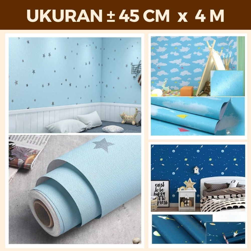 Wallpaper Dinding Atap Plafon Motif Langit Awan Biru Walpeper Stiker Bintang Biru PVC Tahan Air