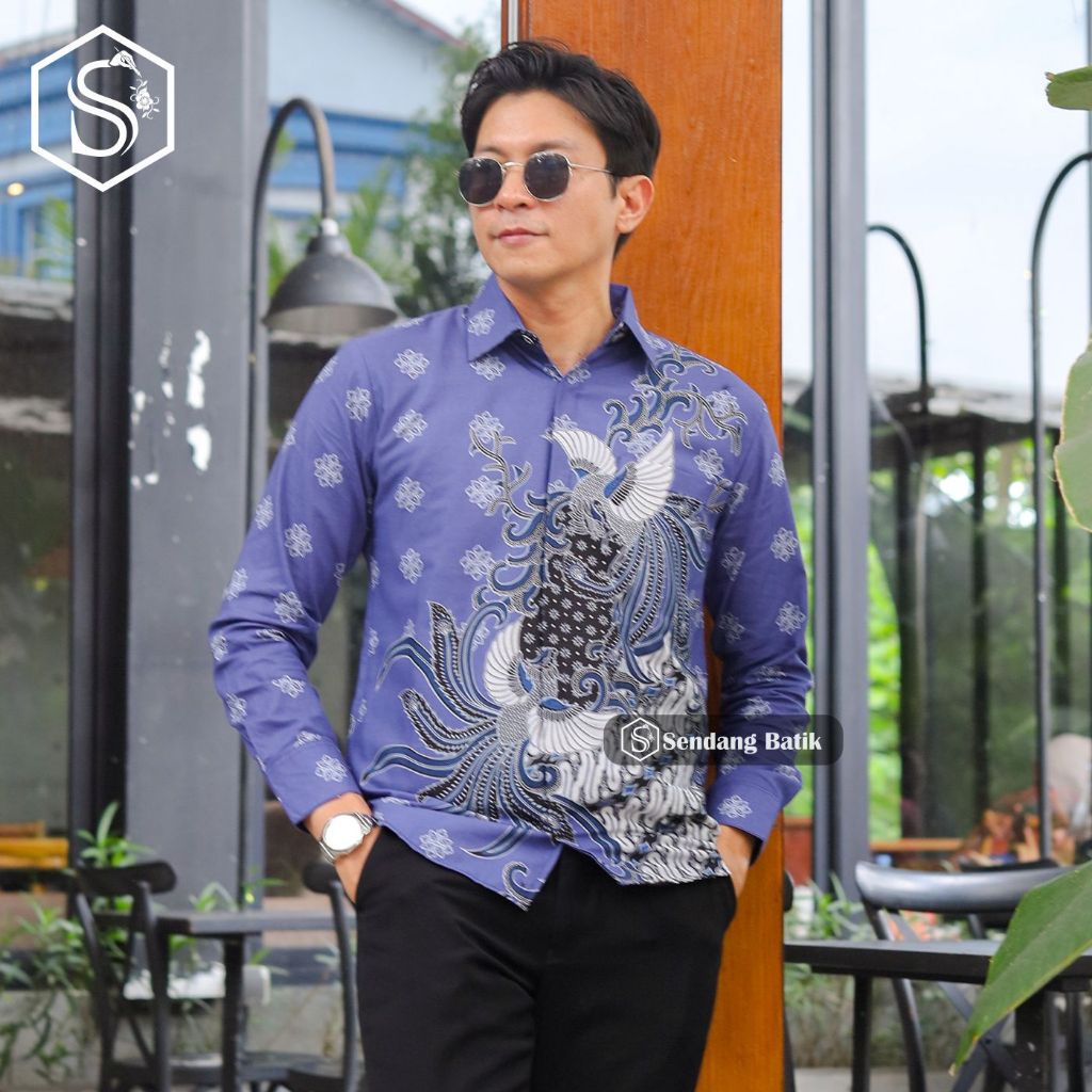 SENDANG BATIK Kemeja Batik Pria Lengan Panjang Motif Diwangkara Warna Purple Blue Atasan Slimfit Bah