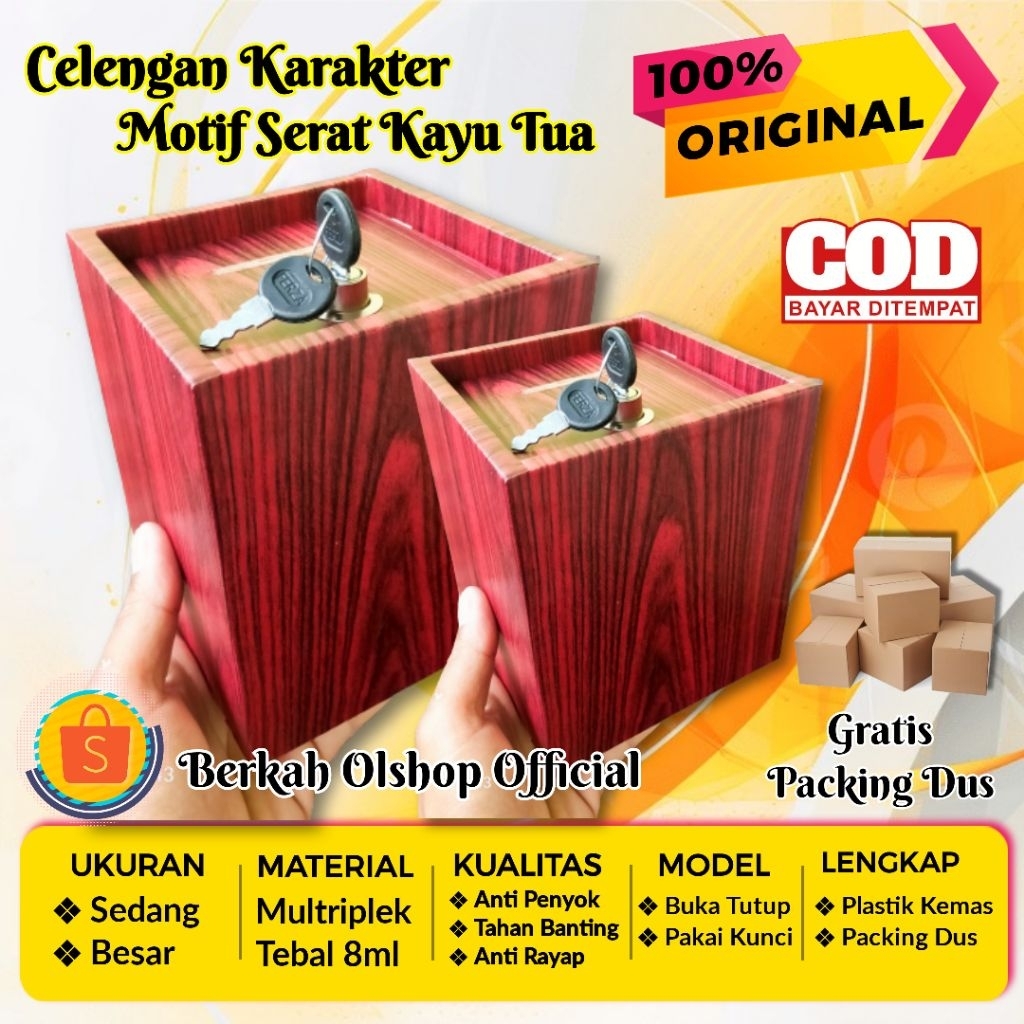 Celengan Karakter Motif Serat Kayu Tua - Celengan Besar Pakai Kunci - Celengan Kunci - Kado Ulang Ta