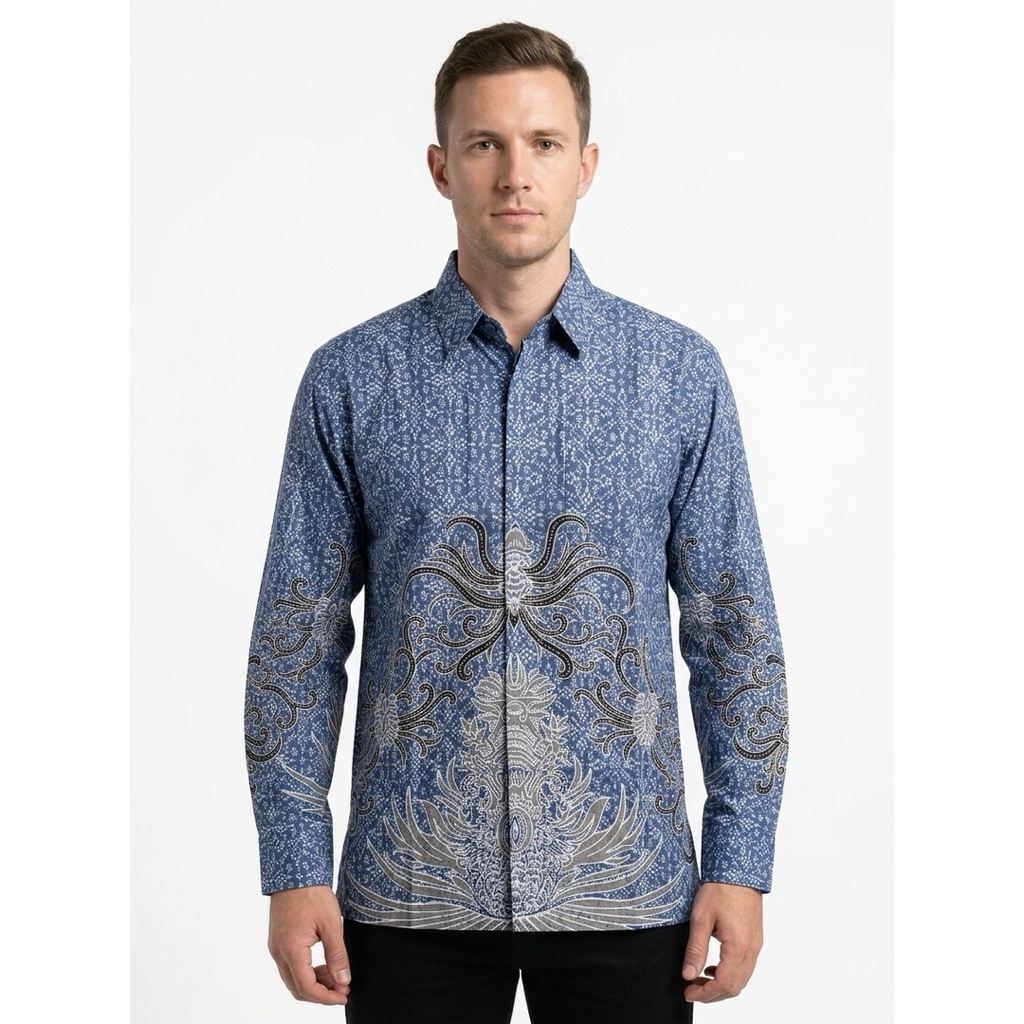 |Magnus| Kemeja Batik Pria Lengan Panjang Bahan Katun 40S Lapis Furring Arrow Warna Biru Denim