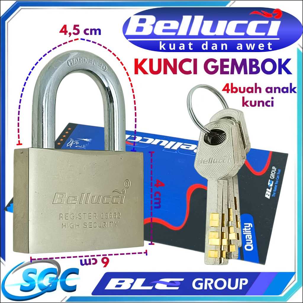 Gembok Bellucci 6cm  Kunci Gembok Besar Anti Maling + 4 Anak Kunci | Kuat Tebal & Tahan Lama