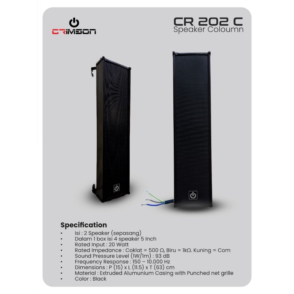 Speaker Masjid CRIMSON CR 102 C 2x5 Inch Sepasang Column Speaker Indoor Wall Mount Suara Jernih dan 