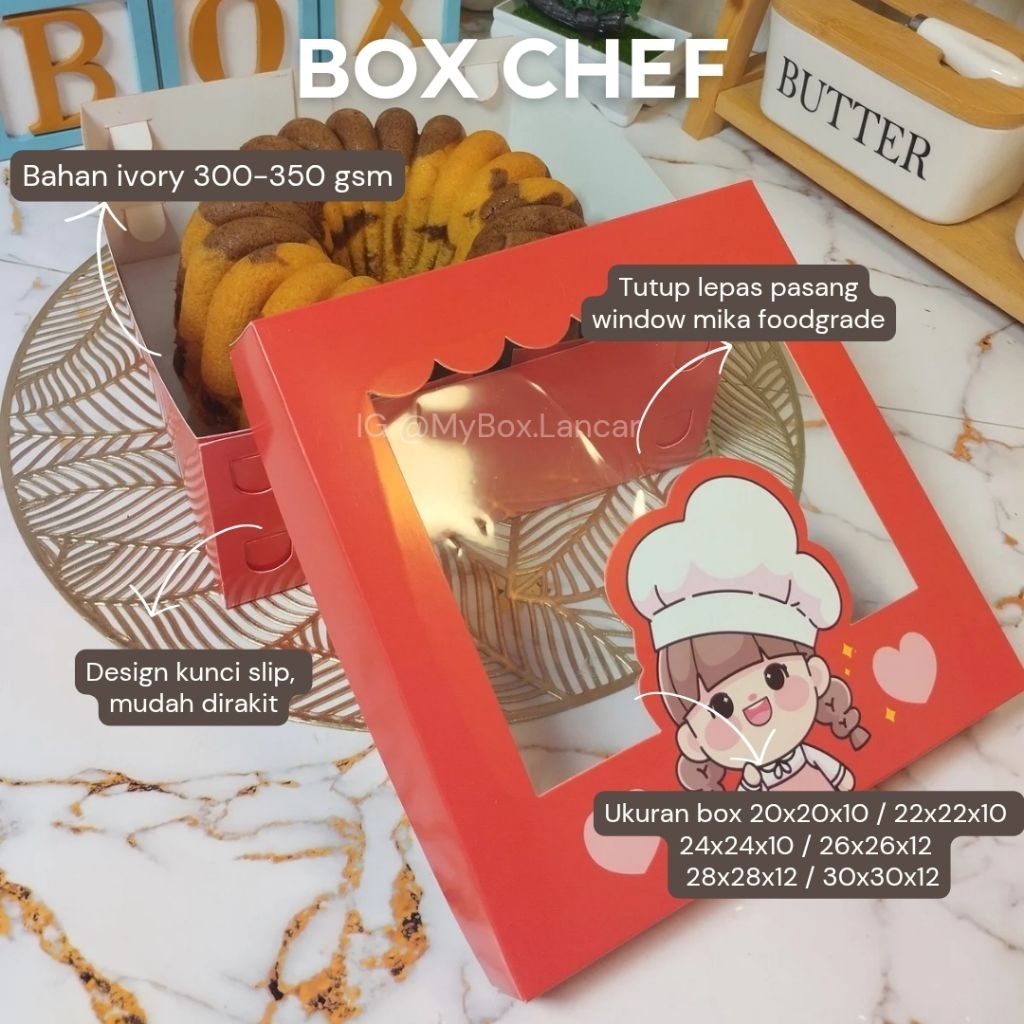(MIN 10 LEMBAR) BOX KUE MERAH CHEF WINDOW MIKA 24 X 24 X 10 CM, DUS DOS KUE / KOTAK KUE CAKE KEMASAN