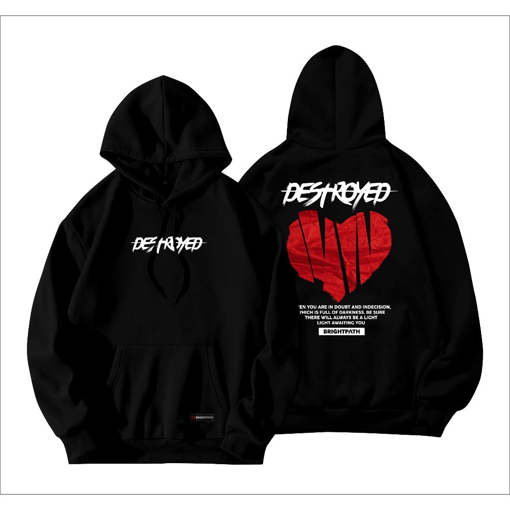 HOODIE HITAM FLEECE PRIA WANITA DESTROYED