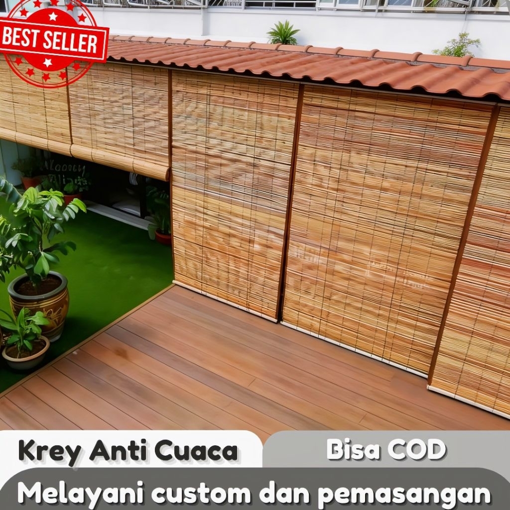 Tirai Krey Gulung Bambu Sawit Anti Panas & Hujan Penutup Teras Balkon Outdoor Bisa Custom