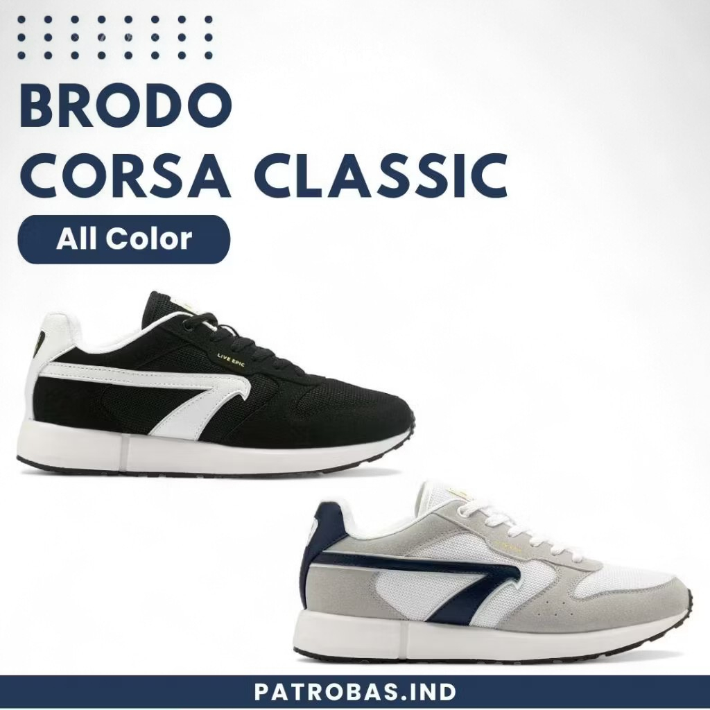 BRODO Corsa Classic Black White Sepatu Sneakers Casual Sport Pria Hitam Putih Original