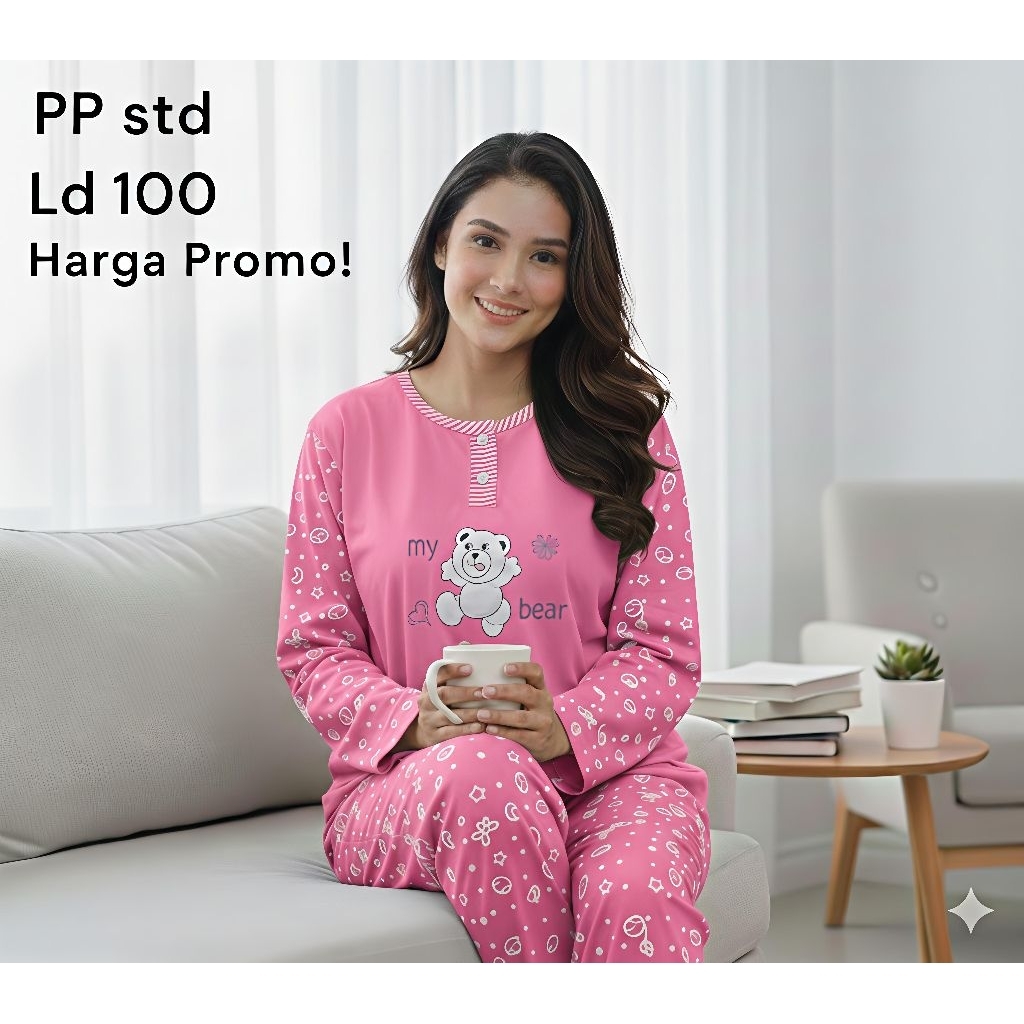 Set PP Baju Tidur Kaos Lengan Panjang Dan Celana Panjang Jumbo Babydoll Wanita LD 110-120cm