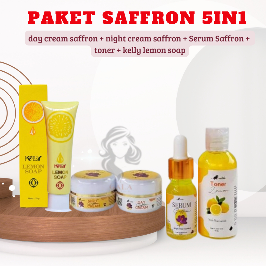 Paket 5in1 Saffron Cream Siang Malam + Serum saffron + Toner Lemon + Kelly Lemon Soap 15gr