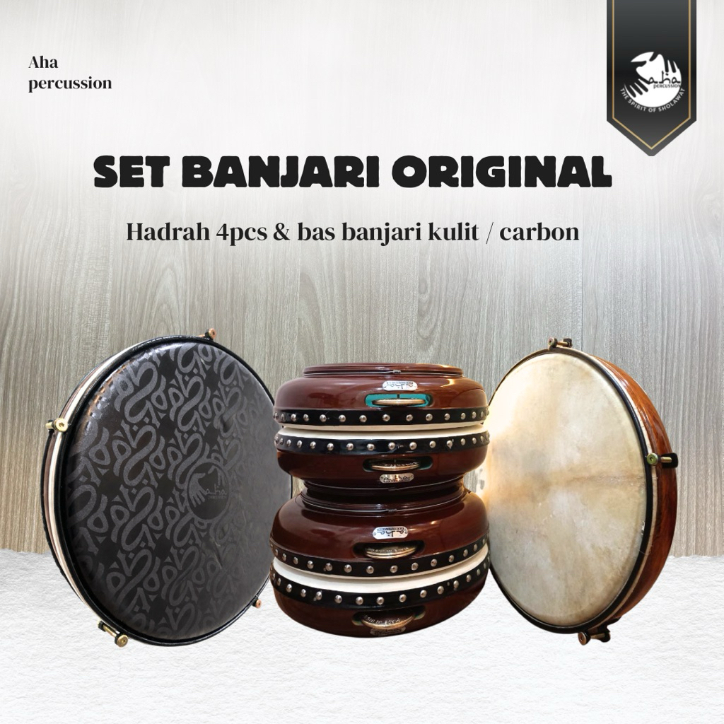 Set Hadroh Banjari Original Aha Percussion | Kulit Kambing Betina | 4 Hadroh + 1 Bass Banjari + Tas