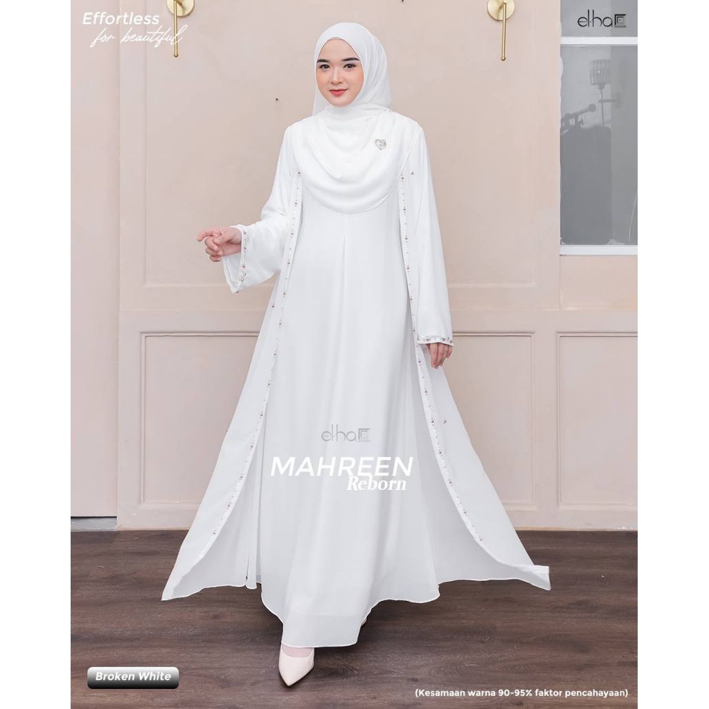 READYSTOK MAHREEN ABAYA BY ELHA | BROKEN WHITE | GAMIS HAJI & UMROH
