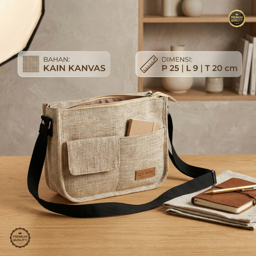 Tas Bahu Wanita Canvas Natural Slingbag Cewek Vintage Tas Selempang Simple Muat Banyak Saku Depan