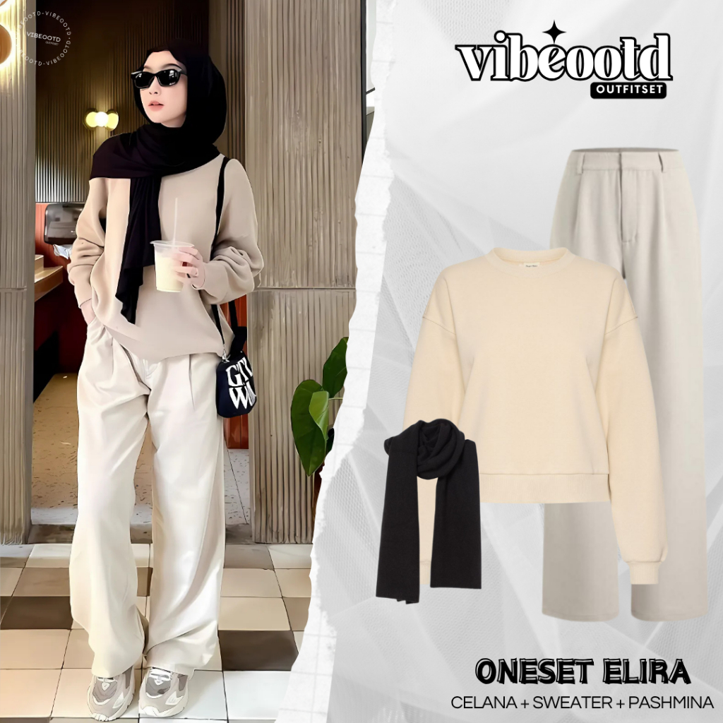 Elira Outfit Set Wanita Hijab ( Celana Kulot + Sweater Basic + Pashmina Jersey ) Ootd Hangout Kekini