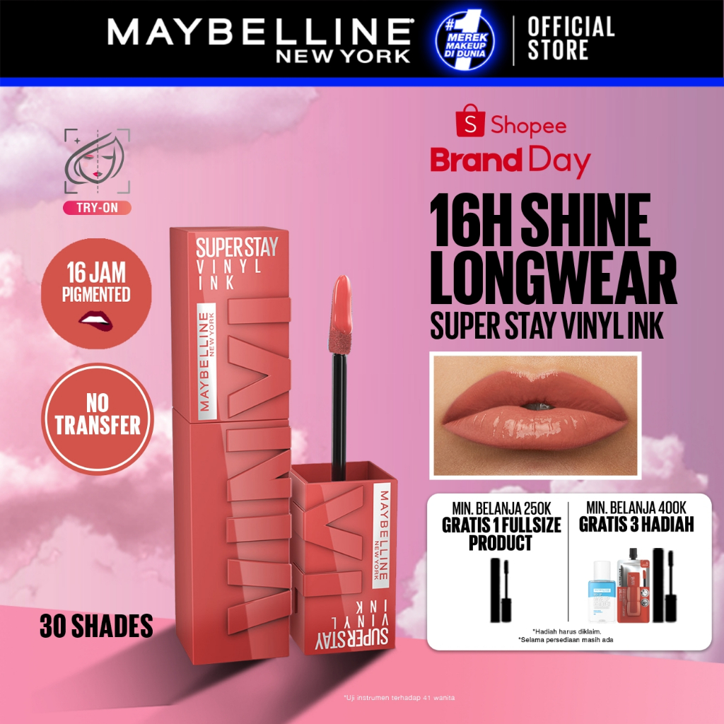 MAYBELLINE OFFICIAL Superstay Vinyl Ink 4.2 ml - Shiny Pigmented Liquid Lipstik Lipstick Make Up Lip