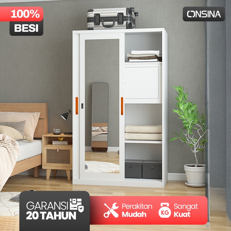 ONSINA Lemari Pakaian Besi 2 Pintu Sliding Motif Lemari Baju Minimalis Lemari Besi Cermin Sliding